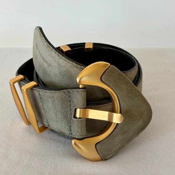 Escada Suede statement belt, matte gold hardware, suede buckle, L, 33-36” - Picture 2 of 9
